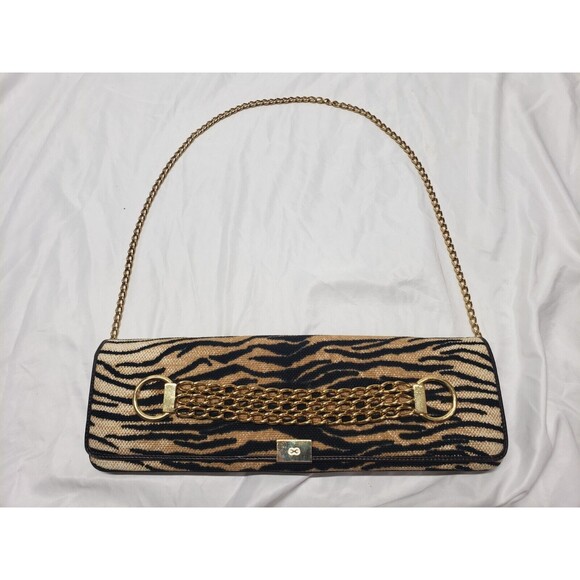 Escada Pochette Slim HandBag 14" Purse Animal Tiger Print Gold Chain Strap - Picture 1 of 16